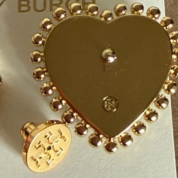 Tory Burch Gold and dark Burgundy logo  Heart Earrings - Picture 7 of 9